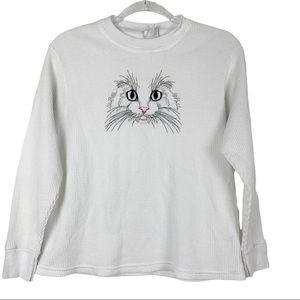 Sookie Long Sleeve Waffle Knit Embroidered Cat Top
